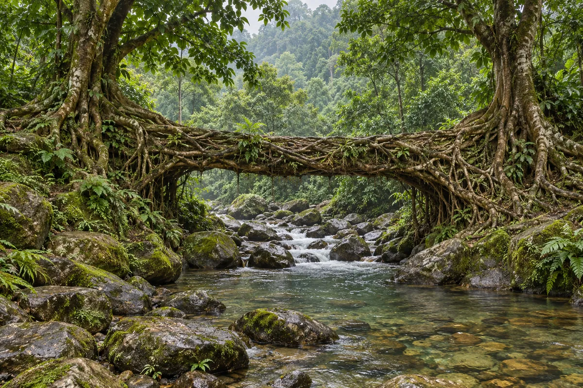 Intertwined living roots form a bridge between trees across a rocky forest stream.