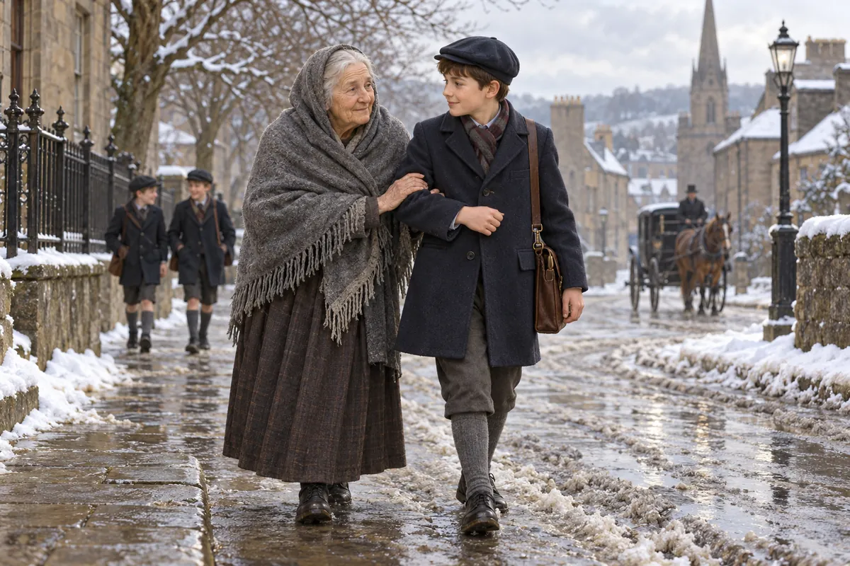A schoolboy offers his arm to an elderly woman crossing a slushy winter street.