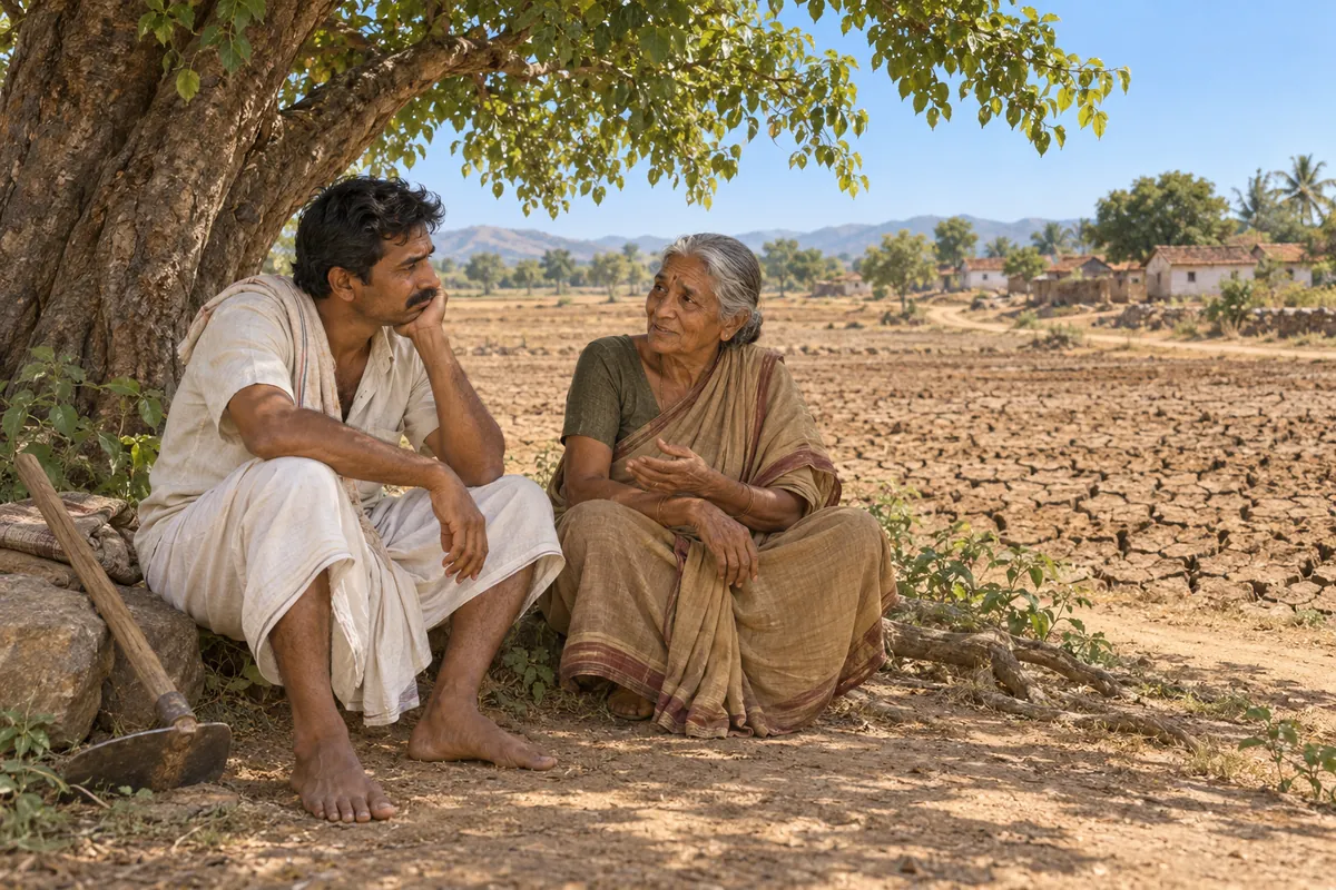 A farmer listens to an elderly woman beneath a tree beside dry, cracked fields.