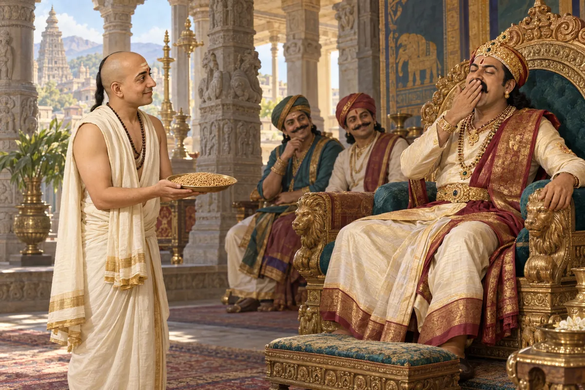 Tenali Rama holds a plate of paddy seeds before a yawning king in a sunlit court with smiling courtiers