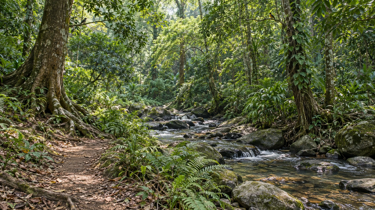 Imagined community-protected grove with layered trees, undergrowth, birds, roots and a small stream