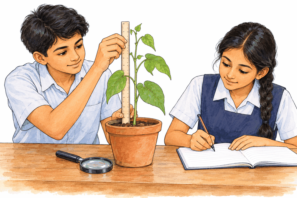 Two students observe a potted plant, measure its height with a ruler and record observations in a notebook.